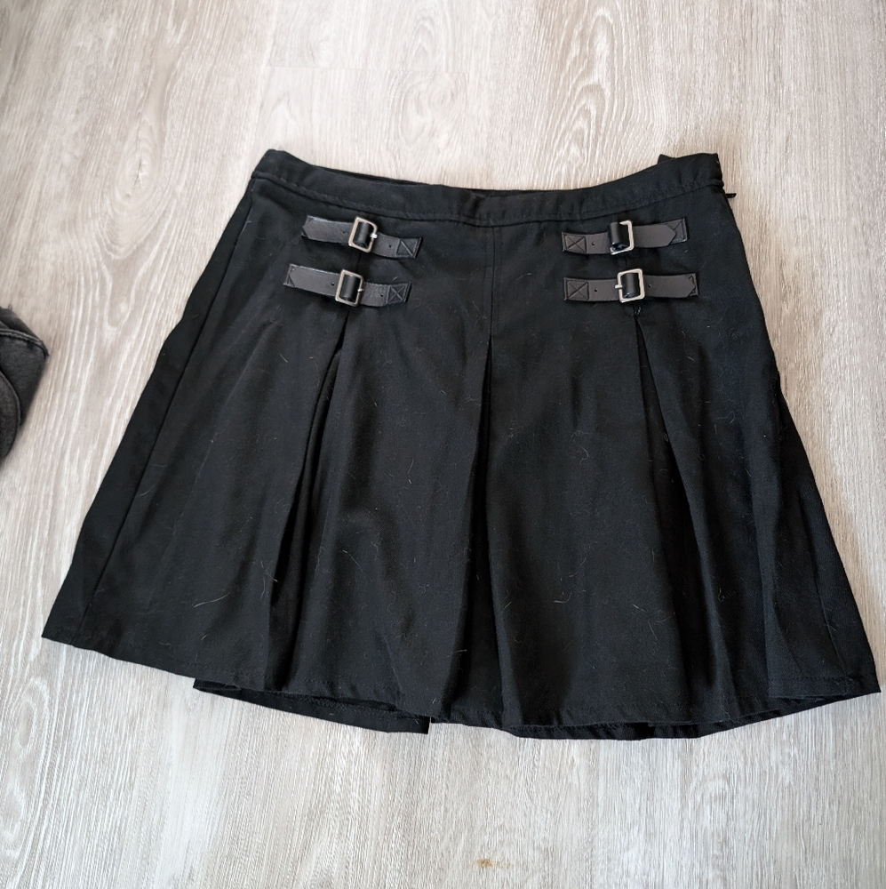 Black Pleated Skirt, faux buckle detail